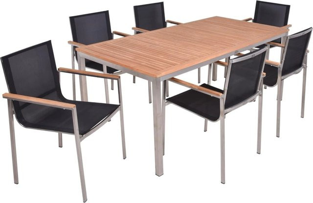 DELUKE Garten-Sitzgruppe PAUL 7-teilig mit Tisch und 6 Hochlehnern aus Teakholz und Edelstahl in Dunkelgrau - Bild 1