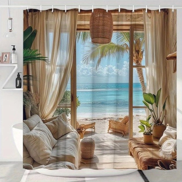 Duschvorhang Paradies in Grau mit maritimen Strandhütte-Motiven, B: 90 cm, H: 180 cm - Bild 1