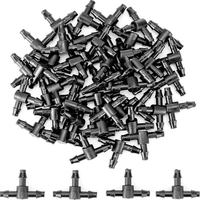 Nongjiale 100 Stück Kunststoff-Dornverbinder 3-Wege-T-Stück in Schwarz für 4/7mm Schläuche und Mikro-Tropfbewässerung - Bild 1