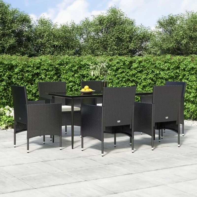 Vidaxl 7-teilige Garten-Essgruppe aus Polyrattan mit Kissen in Schwarz und Weiß - Bild 1