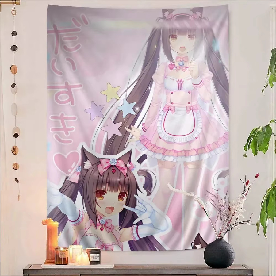 Neko Maid Wandteppich Chocola Vanilla Azuki Coconut Print Wandbehang aus Polyester Kawaii Otaku Dekor für dein Schlafzimmer und Wohnzimmer B/H: 40 x 60 cm - Bild 1