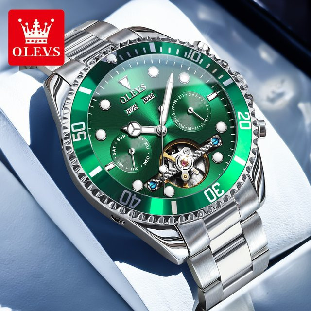 OLEVS Armbanduhr Automatik, Edelstahl, Grün, Gold, Herren - Bild 1