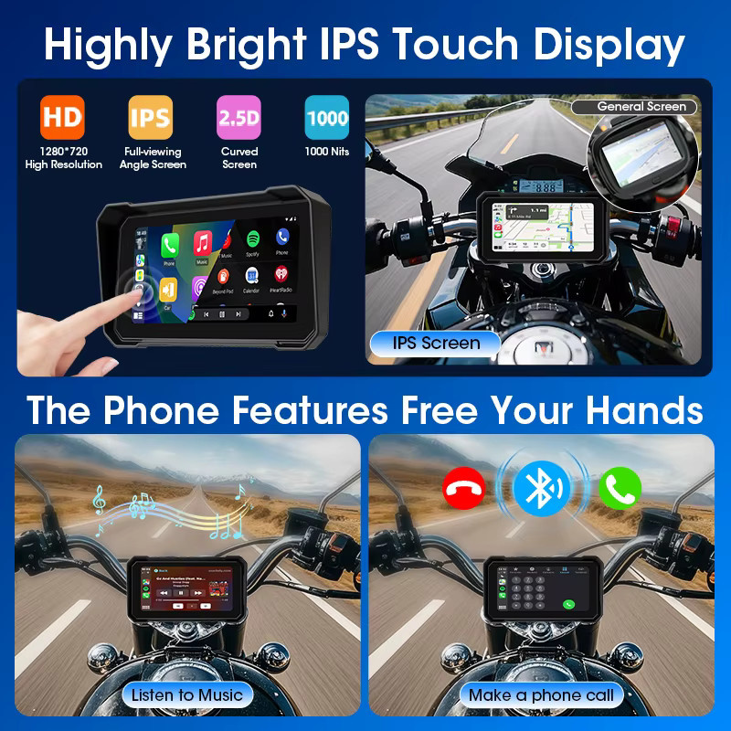 Jansite Tragbares 6,25 Zoll Motorrad-GPS-Navigationsgerät mit kabellosem CarPlay und Android Auto, Moto-Monitor mit DVR-Funktion, IPX7 wasserdicht, unterstützt 4K+1080P, Schwarz - Bild 4