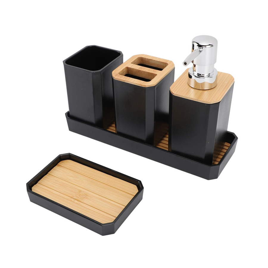 Badezimmer-Accessoires-Set von shoemst in Schwarz mit Zahnbürstenhalter, Becher, Seifenspender, Seifenschale und Ablage - Bild 2