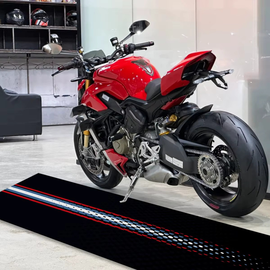 VIKAMA Motorradmatte mit dreifarbigen Streifen im Retro-Rennstil, rutschfeste und saugfähige Garagenbodenmatte in Multicolour - Bild 5