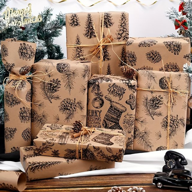 Weihnachts-Geschenkpapier mit Kiefernbaummuster in Braun, reißfeste Kraftpapier-Rolle für deine Weihnachtsdekoration - Bild 1