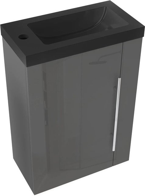 AICA Badmöbel Set SILVIA für Gäste WC, 2-teilig, Waschtisch aus Mineralguss mit Unterschrank, Farbe Anthrazit Hochglanz und Schwarz, Breite: 45 cm, mit Softclose-Türen - Bild 1