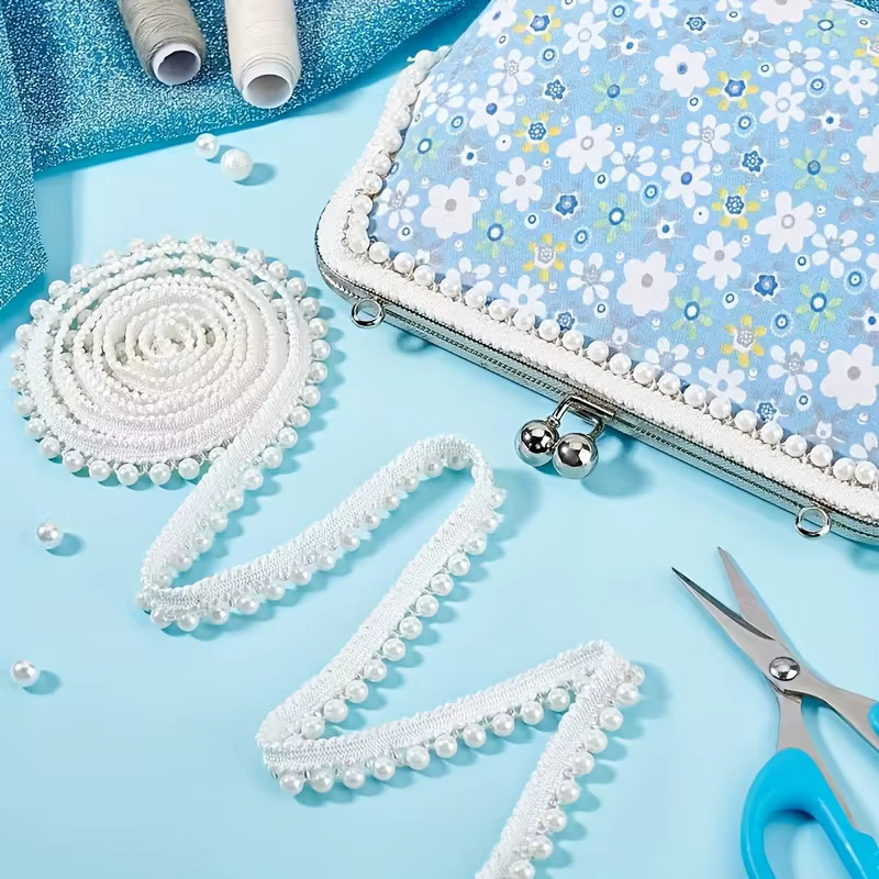 Weiße Imitationsperlen-Quastenspitze mit 6mm Perlenband, Länge: 9,14 Meter, ideal für DIY Handnähen sowie Kleidungs- und Hutdekoration - Bild 2