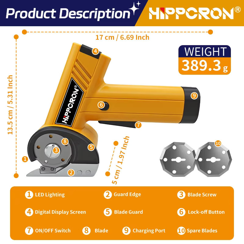 Hippcron Kabellose Elektrische Schere 4,2V Gelb mit 450rpm und vierstufig einstellbarem Rotationsschneider für Stoff, Leder und Teppich - Bild 6