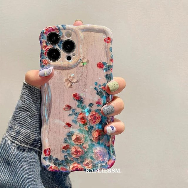 Yiran Handyhülle mit Laser-Blaulicht-Blumenmuster für iPhone 11 bis 16 Pro Max in Multicolour, Stoßfeste Retro-Silikonabdeckung aus weichem TPU - Bild 1