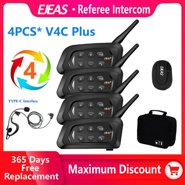 Ejeas V4C Plus Bluetooth Intercom Headset Set für Fußballschiedsrichter, 4er Pack, Schwarz, 1500m Reichweite, Voll Duplex Kommunikation mit Tragetasche - Bild 1