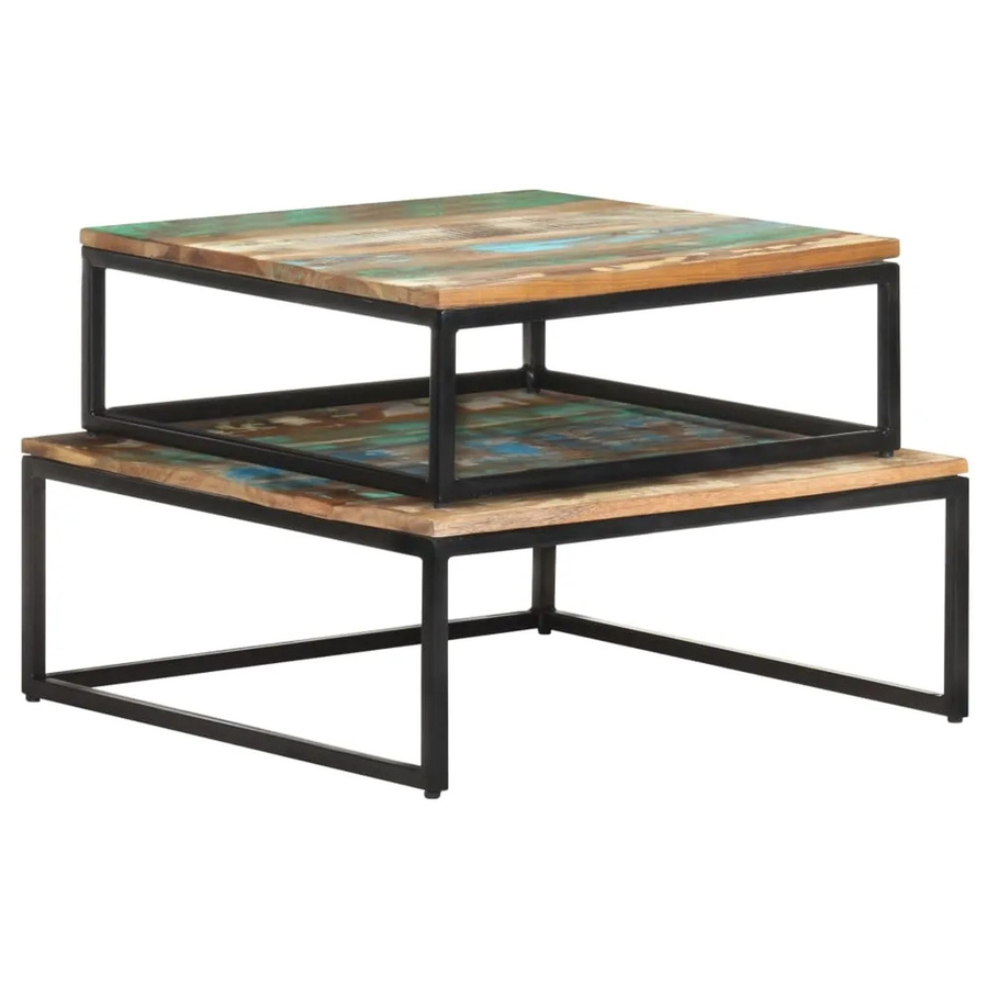 vidaXL Satztische 2er Set aus Massivholz und Metall im Industrial Design, Farben: Schwarz, Braun, Multicolour - Bild 2