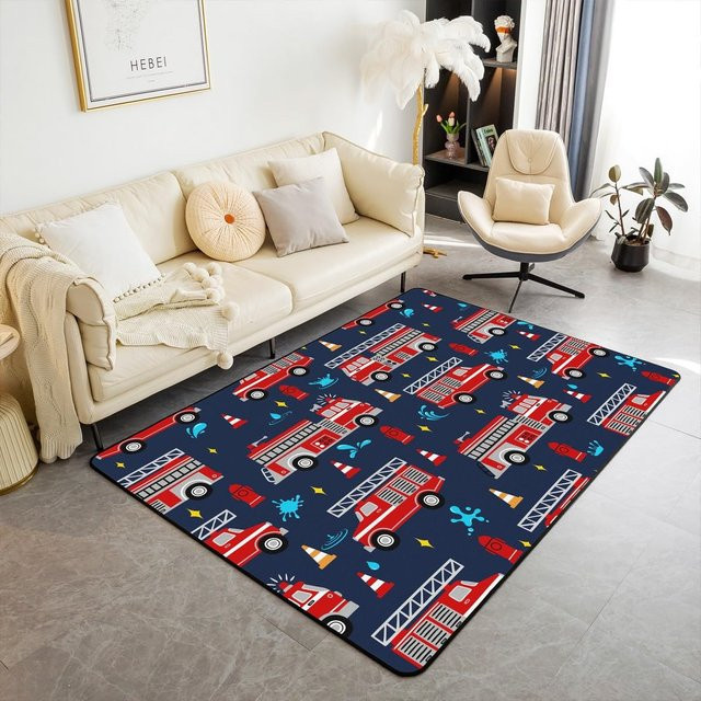 Karpetti Bereichsteppich Feuerwehrauto mit Cartoon-Notfallrettungsfahrzeug-Motiv, Waschbarer Teppich für Kinderzimmer und Wohnzimmer, B/T: 100 x 120 cm, Mehrfarbig - Bild 1