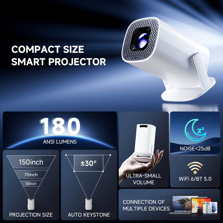 HONGTOP P30PLUS Smart Mini-Projektor in Weiß mit WiFi6-Unterstützung, 4K-Unterstützung und 1280 x 720P HD-Auflösung für dein Heimkino - Bild 4