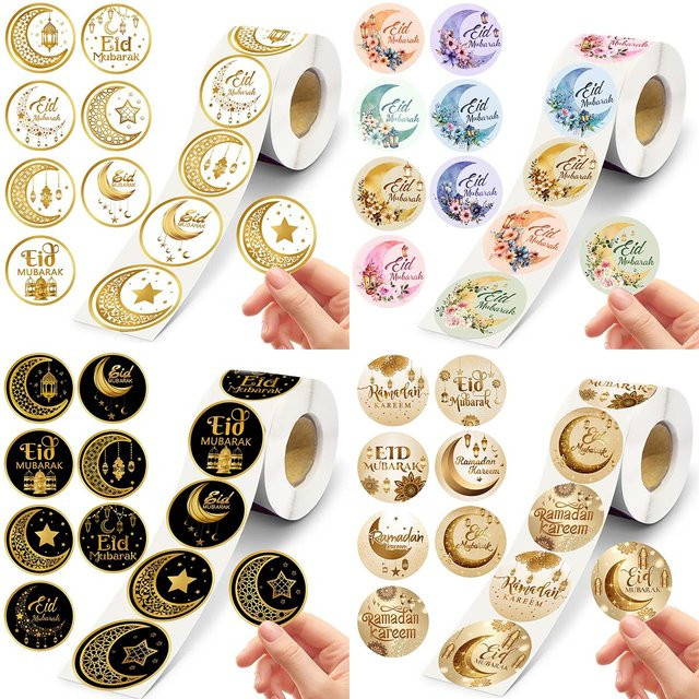 500 Stück Eid Mubarak Aufkleber in Gold für Ramadan Kareem Geschenkboxen und DIY Dekorationen - Bild 1