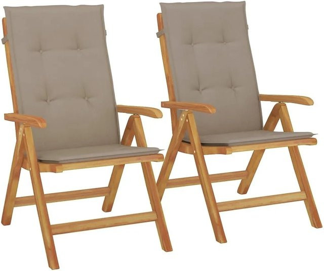 vidaXL Gartenstühle aus Teakholz mit Kissen im 2er Set, Farbe Taupe/Beige, B/T/H: 74,5 x 104,0 x 110,0 cm - Bild 1