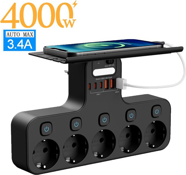 Multifunktions-Steckdosenleiste in Schwarz mit 4000 W, Wandmontage, unabhängigen Schaltern, Sensor-Nachtlicht sowie 3 USB-C und 3 USB-A Ladeanschlüssen - Bild 1
