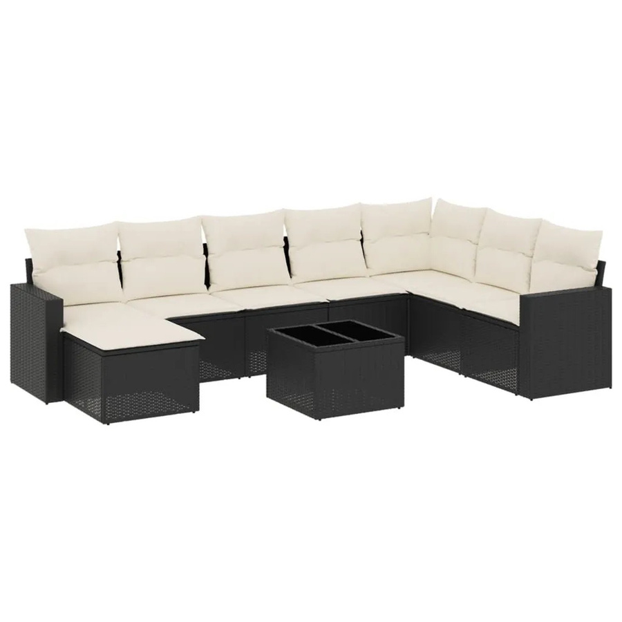 vidaXL 9-tlg. Garten-Sofagarnitur in L-Form aus Poly-Rattan mit Kissen und Tisch in Schwarz - Bild 2