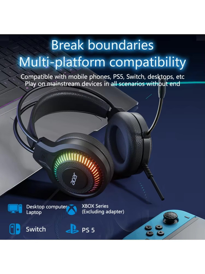 Acer OHW303 Gaming Headset mit 7.1 Virtual Surround Sound, Bass-Kopfhörer mit LED-Beleuchtung und Mikrofon, Schwarz - Bild 6