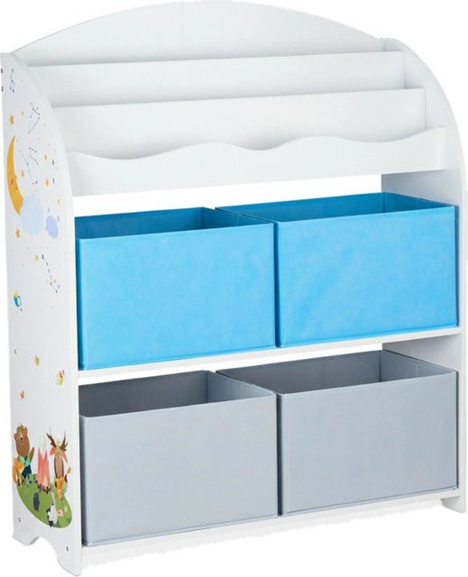 Relaxdays Kinderregal aus Spanplatte und Stoff in Bunt mit 4 Stoffboxen, B/H/T: 98 x 82,5 x 30 cm - Bild 1