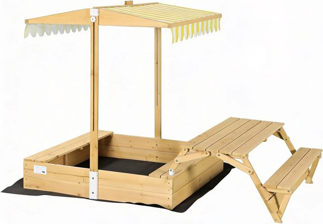 needs&wants Holz Sandkasten Sunplaya5 mit Dach, Picknickgarnitur und Abdeckung, B/T: 185 x 110 cm, gelb weiß braun - Bild 1