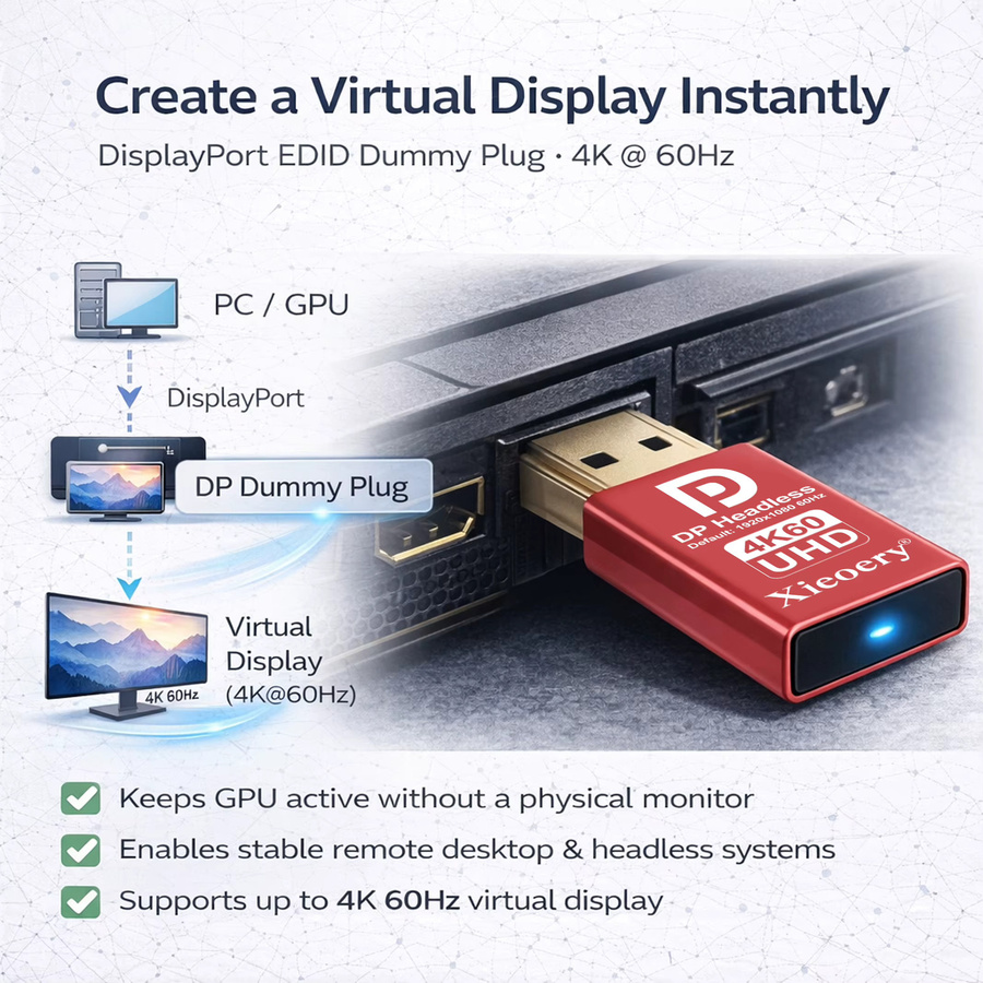 xieoery DisplayPort Dummy-Stecker EDID-Emulator in Rot, 4K UHD Headless Ghost Adapter für GPU und Server - Bild 4