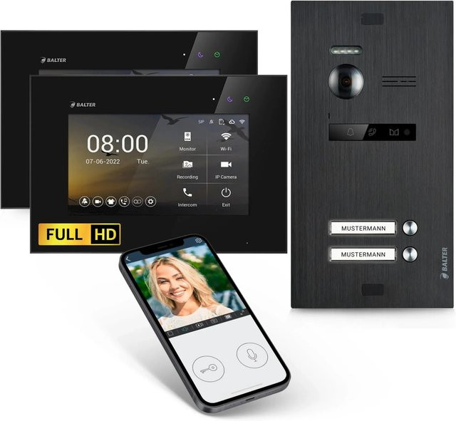 Balter EVO-HD Video-Türsprechanlage mit App für Zweifamilienhäuser, 2x 7 Zoll Monitor, Schwarz - Bild 1