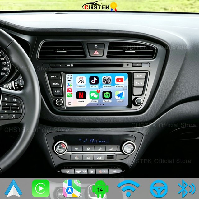 CHSTEK Android 14 Multimedia-Autoradio mit Carplay, GPS, WIFI, 4G und Bluetooth für Hyundai I20 II GB Elite (2014-2018), Schwarz - Bild 1
