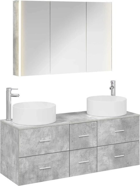 vidaXL Badezimmermöbel-Set 4-teilig in Betongrau mit Waschtischunterschrank und Spiegelschrank aus Holz und Glas mit LED-Beleuchtung - Bild 1