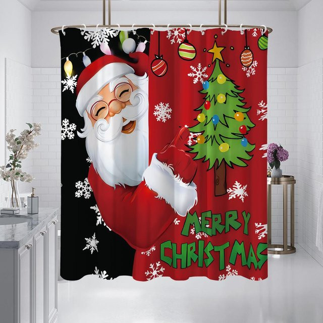 Wasserdichter und schimmelresistenter Duschvorhang mit Weihnachtsmann-Muster in Schwarz und Rot, B/H: 180 x 180 cm - Bild 1