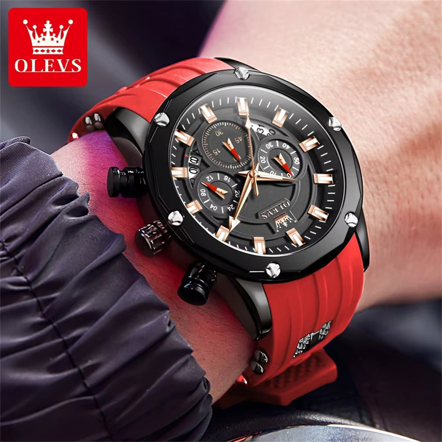 OLEVS Armbanduhr Chronograph, Quarz, Silikonarmband, Herren, Schwarz - Bild 4