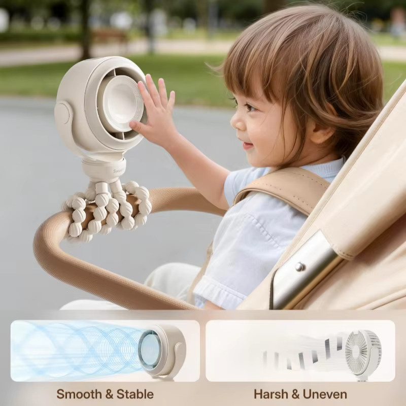 360 Grad drehbarer tragbarer Mini-Ventilator in Schwarz mit 5 Stufen für Kinderwagen und Autositz - Bild 2