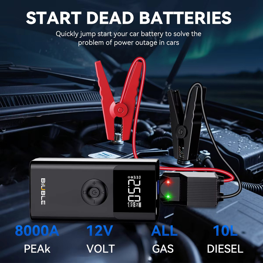 BIUBLE 8000A PEAK Auto-Notstarter mit tragbarem Luftkompressor und 150PSI digitalem Reifendruckmesser, 26800mAh Hochleistungsakku und 3-Modus-LED-Taschenlampe, Schwarz - Bild 2