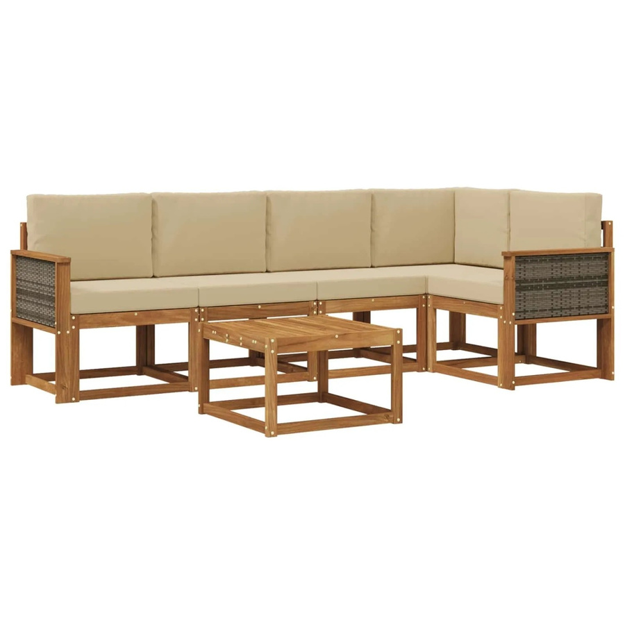vidaXL Outdoor-Sofagarnitur aus Massivholz Akazie in Natur und Beige, 6-teiliges L-Shape Gartenmöbel-Set mit Polstern und Couchtisch für Terrasse und Garten - Bild 2