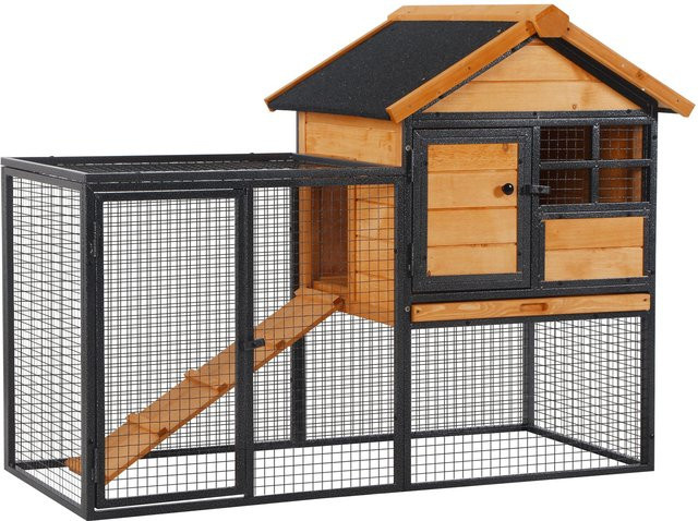 PawHut Kaninchenstall aus Holz und Metall mit abschließbarer Tür, wetterfestes Haustierhaus für kleine Tiere in Gelb und Grau, B/T/H: 122 x 63 x 92 cm, Aosom - Bild 1