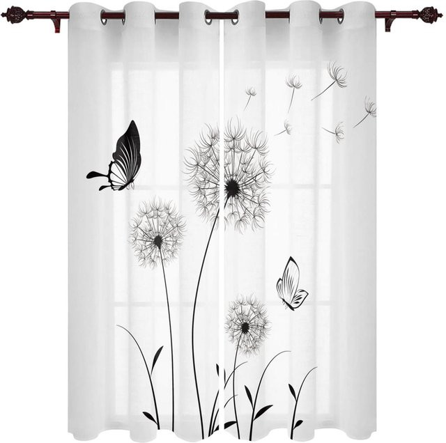 Super Six Vorhang mit Löwenzahn-Motiv in Schwarz und Weiß, halbtransparentes Dekorgewebe für Wohnzimmer, Schlafzimmer und Küche, Breite: 135 cm, Höhe: 60 cm - Bild 1