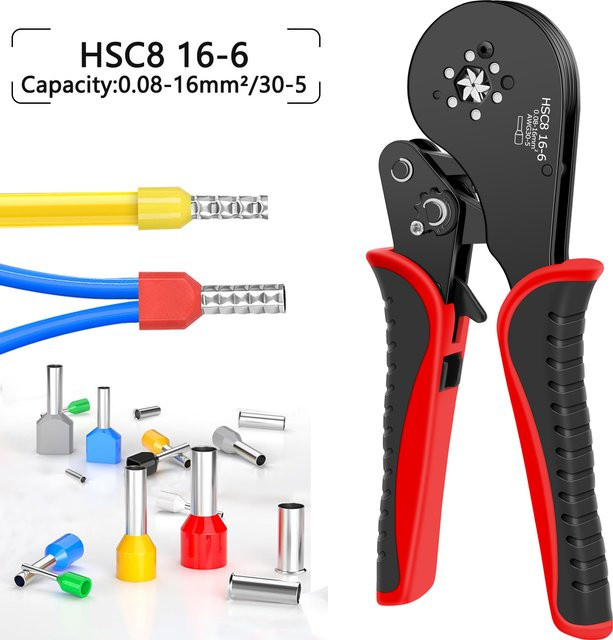 ACOONY HSC8 16-6 Aderendhülsen-Crimpzange für Rohrförmige Klemmverbindungen, Schwarz, 0,08-16mm²/30-5AWG - Bild 1