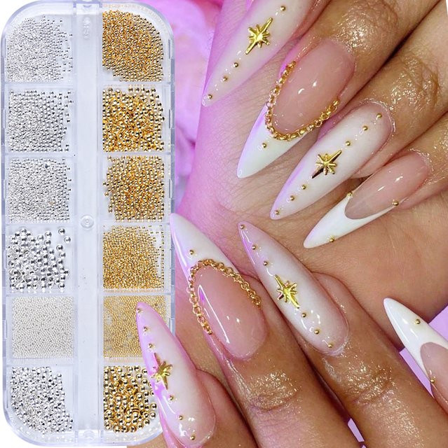Nagel-Charms 3D-Metall-Nagel-Kaviarperlen, Gold und Silber, 12 Gitter - Bild 1