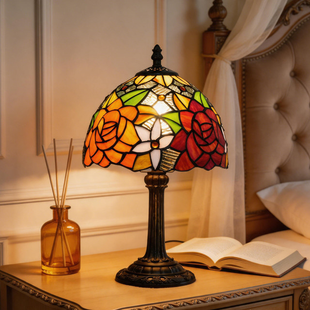 Rose Tiffany Kleine Tischlampe aus Buntglas im Art Nouveau Design, Mehrfarbig, Höhe: 36,5 cm - Bild 1