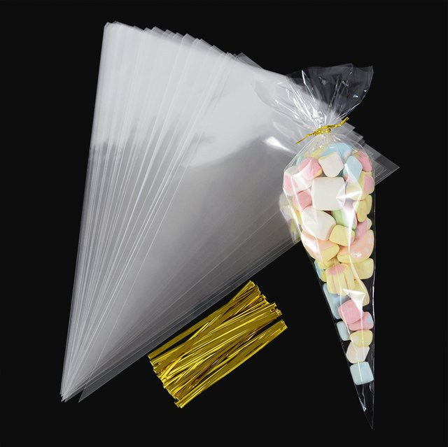 50 Stück Transparente ZQNYCY Dreieck Snack Taschen aus Kunststoff für Süßigkeiten, Popcorn und Cookies - Bild 1