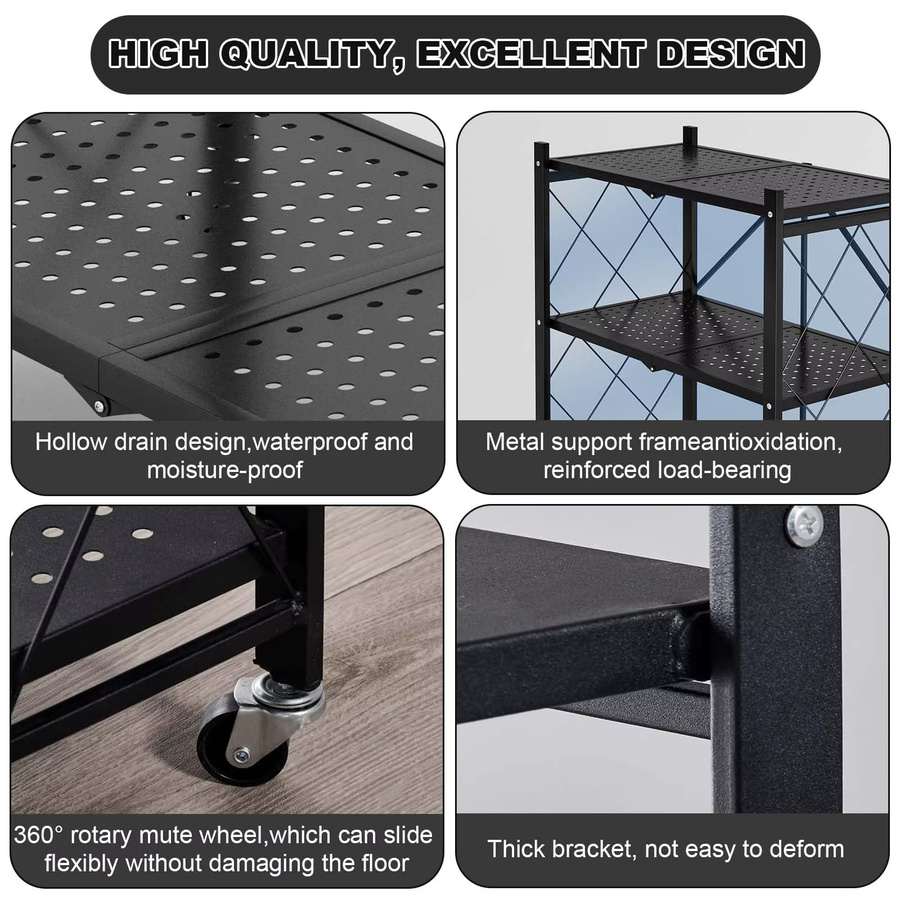 HiMISS 5-stöckiges faltbares Metall-Aufbewahrungsregal mit Rollen in Schwarz Matt für Küche, Arbeitszimmer und Balkon - Bild 4