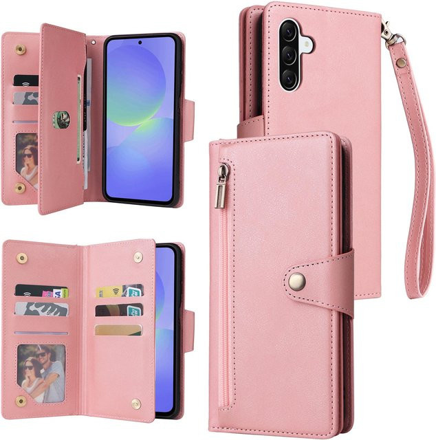 Samsung Magnetische Lederhülle mit Portemonnaie, Multi-Karten-Ständer und Reißverschluss für Galaxy A37 A17 A26 A07 A56 A57 5G inklusive Case und Strap, Farbe: Pink - Bild 1