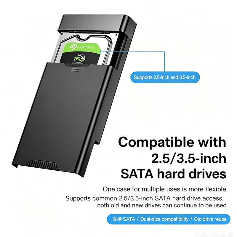 Meiteai-Tech Tragbare Festplattenbox mit USB-C Anschluss und 12V Netzteil für 2,5 und 3,5 Zoll SATA Festplatten, Schwarz - Bild 2
