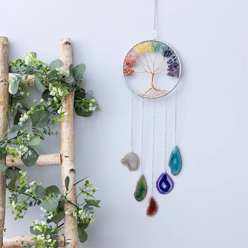 7 Chakra Edelstein Lebensbaum Traumfänger aus farbigem Achat als Wandbehang und Windspiel in Multicolour - Bild 3