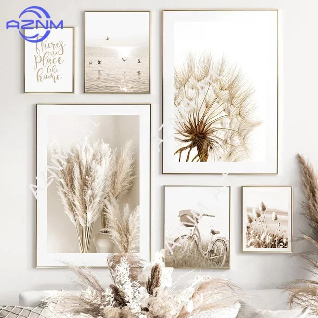 AZNM Leinwanddruck Moderne Wandkunst Beige Blumen- und Graslandschaft mit Löwenzahn und Schilf - Bild 1