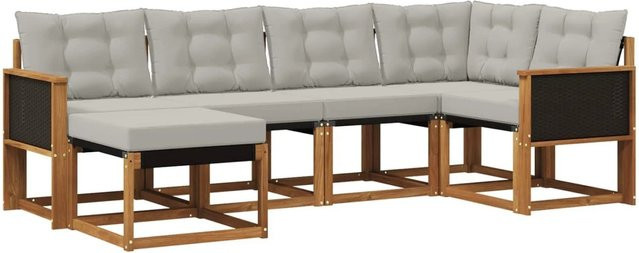 vidaXL Outdoor-Sofagarnitur L-Form aus Akazienholz und Textilene in Natur mit hellgrauen Kissen - Bild 1
