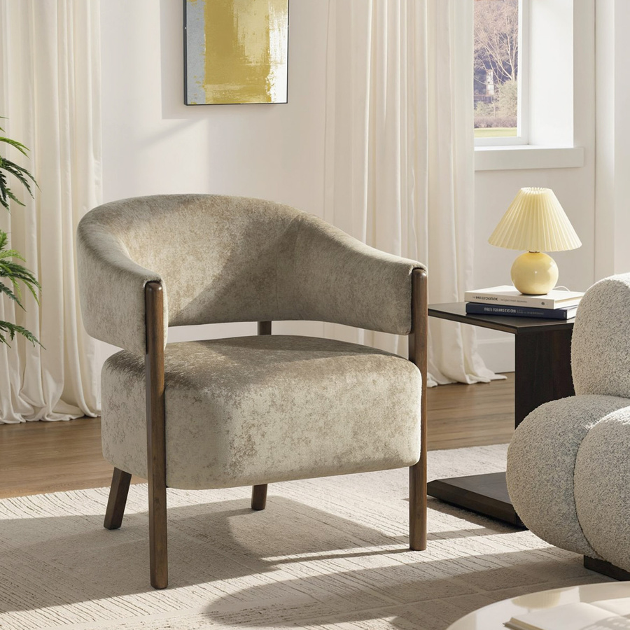HOMCOM Loungesessel mit Chenille-Optik in Hellbraun, moderner Polsterstuhl mit gebogener Rückenlehne und Holzbeinen für Wohnzimmer und Schlafzimmer - Bild 2