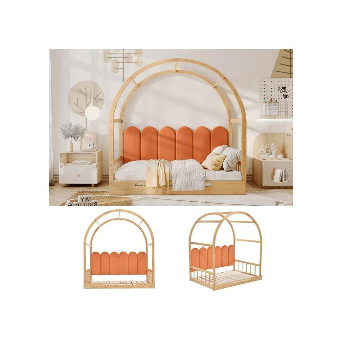 Ausziehbares Bogenbett MUVOE aus Massivholz mit Samtkissen in Orange und Natur, B/T: 140 x 100 cm und 140 x 200 cm - Bild 2