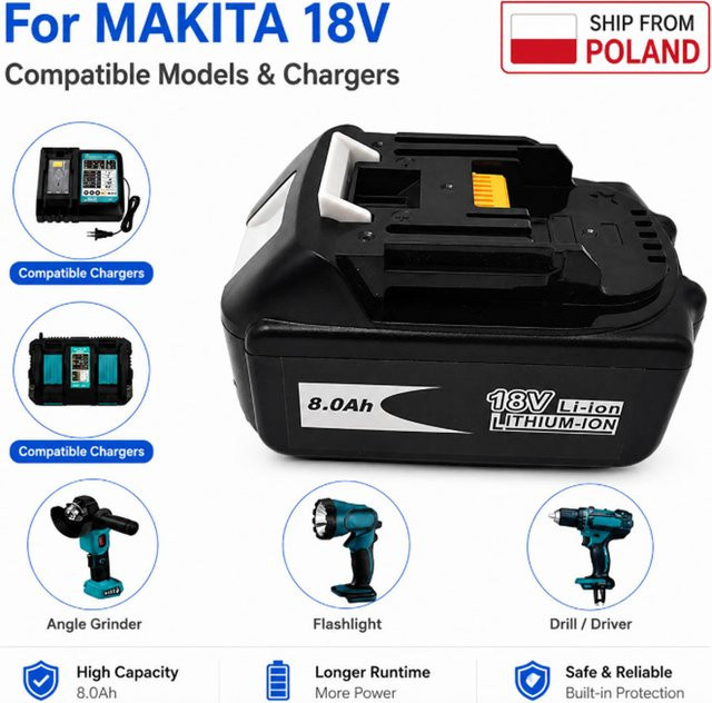 Makita Ersatzakku 18V Lithium-Ionen Akku 8000mAh in Schwarz inklusive 6A Schnellladegerät kompatibel mit BL1830 BL1860 BL1850 BL1840B - Bild 1