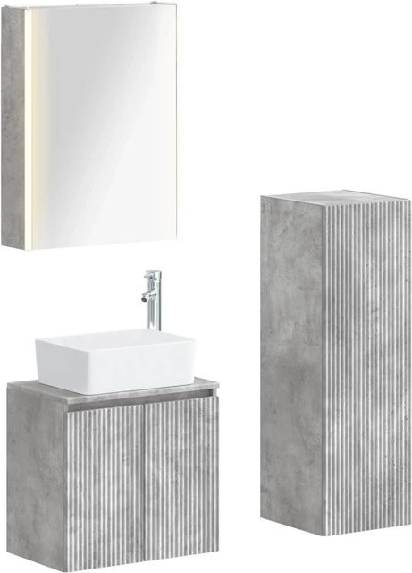 vidaXL Badezimmermöbel-Set 4-teilig in Betongrau mit Waschtischunterschrank, Spiegelschrank und Wandunterschrank aus Ingenieurholz und Glas mit LED-Beleuchtung - Bild 1